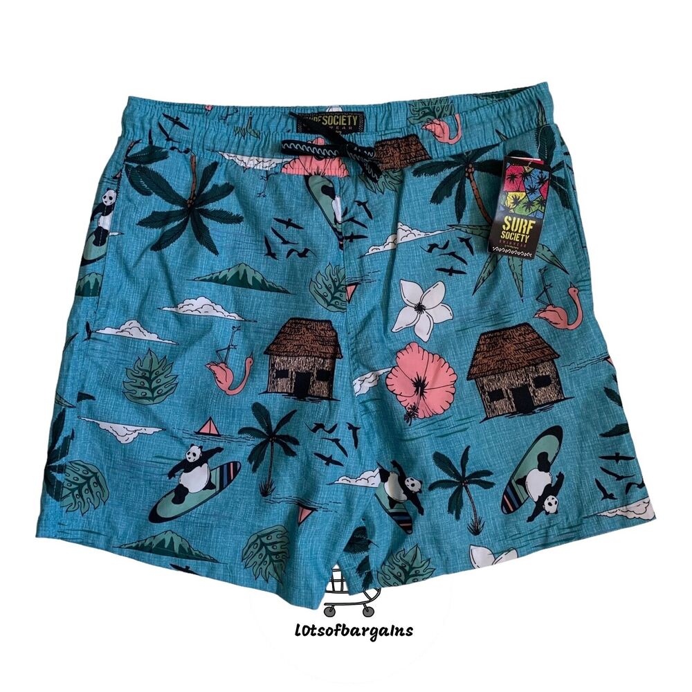 Surf Society Men's Size L Swim Trunks Shorts Palm Floral Panda Flamingos Nwt